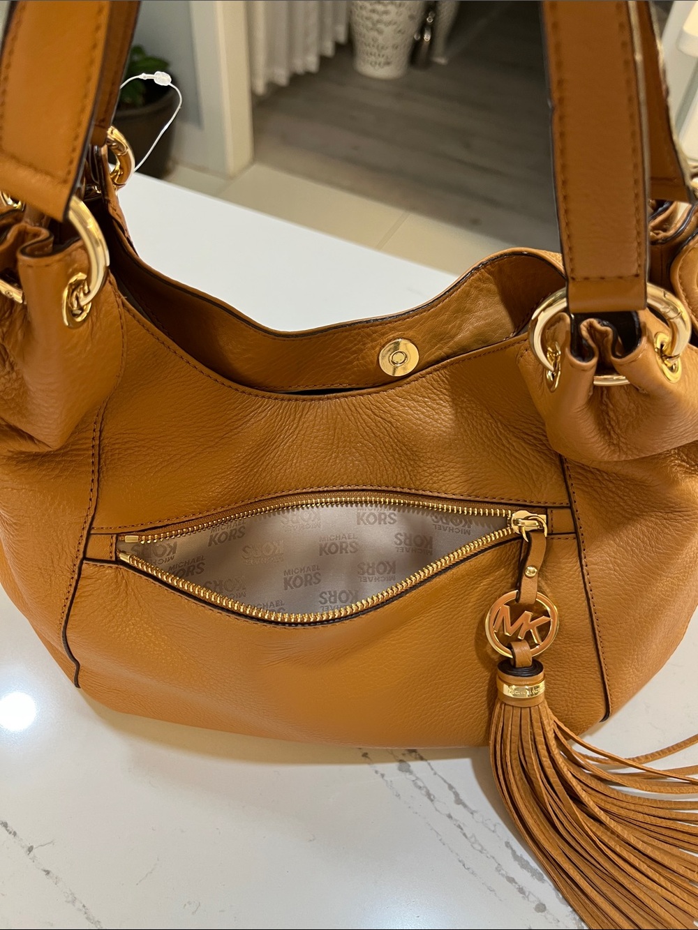 Michael Kors Tan Pebbled Leather Shoulder Bag with Tassel Charm - Picture 11 of 15